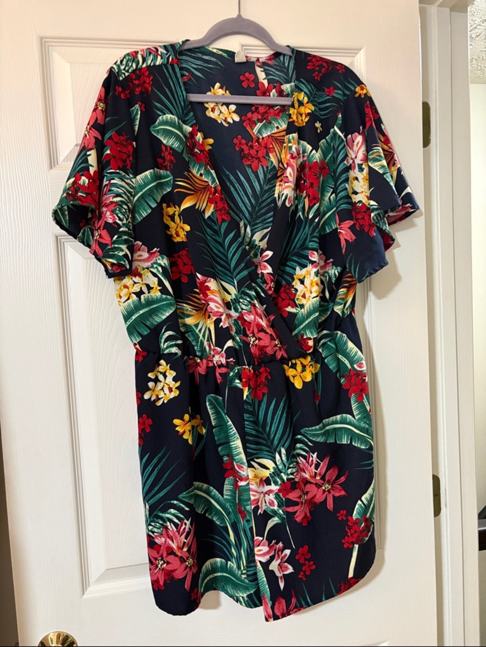 Floral Wrap Mini Romper in Navy with Red & Green Print 3X